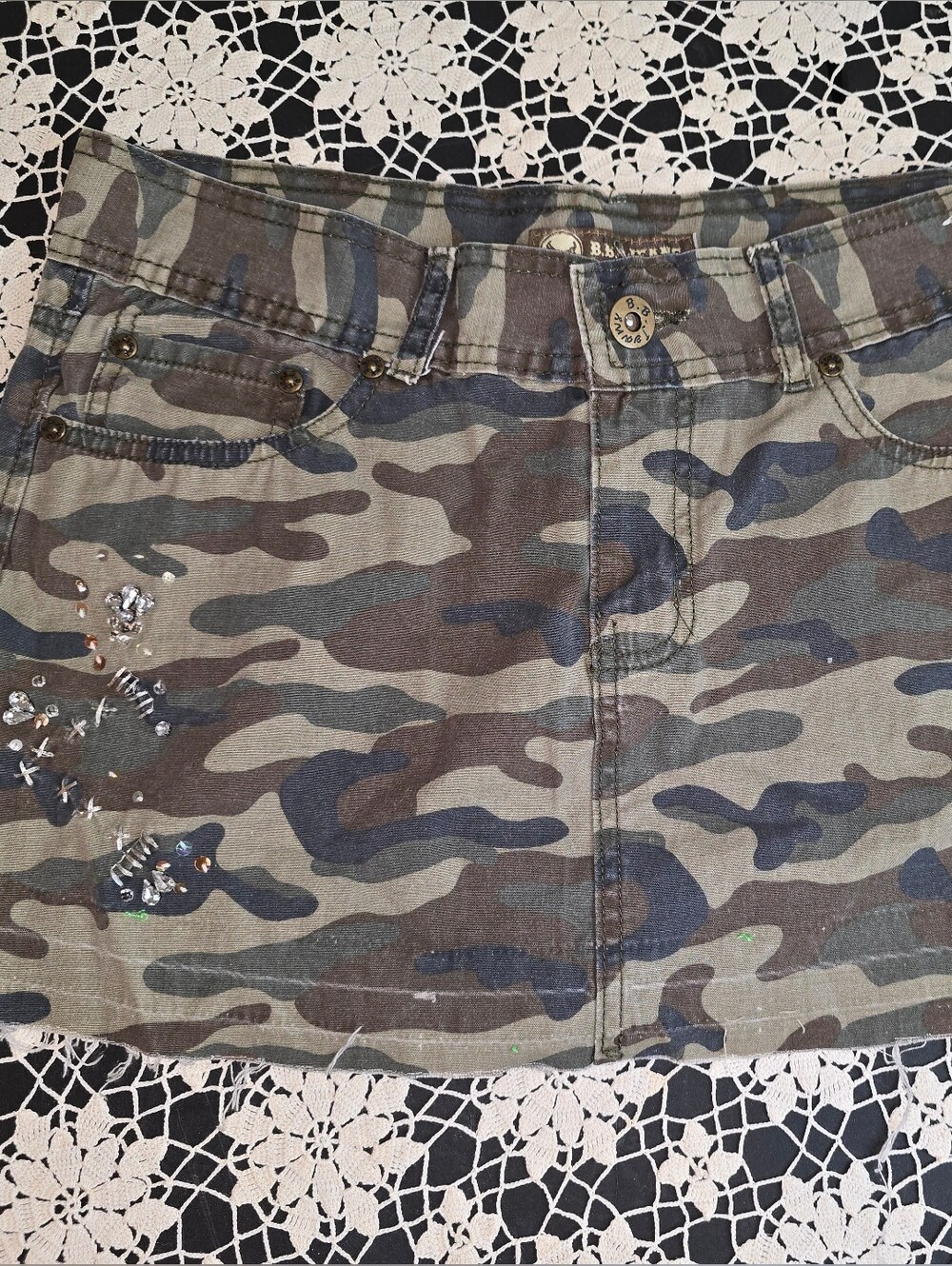 BB Jean Denim Embellished Camo Mini Skirt, Womens Large